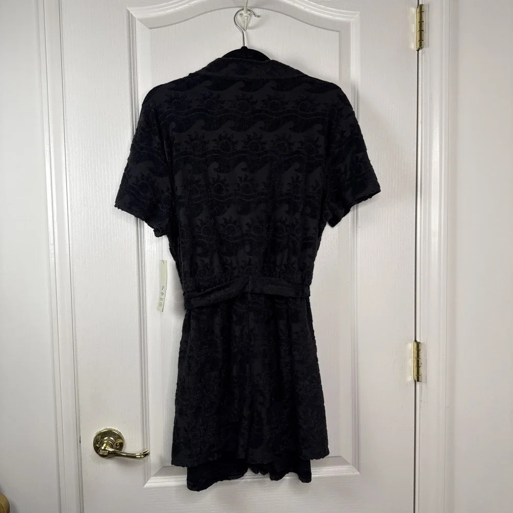 NWT Juniors XL Black Terry Cloth Swim Coverup Dress Belted Collared Beach 16-18